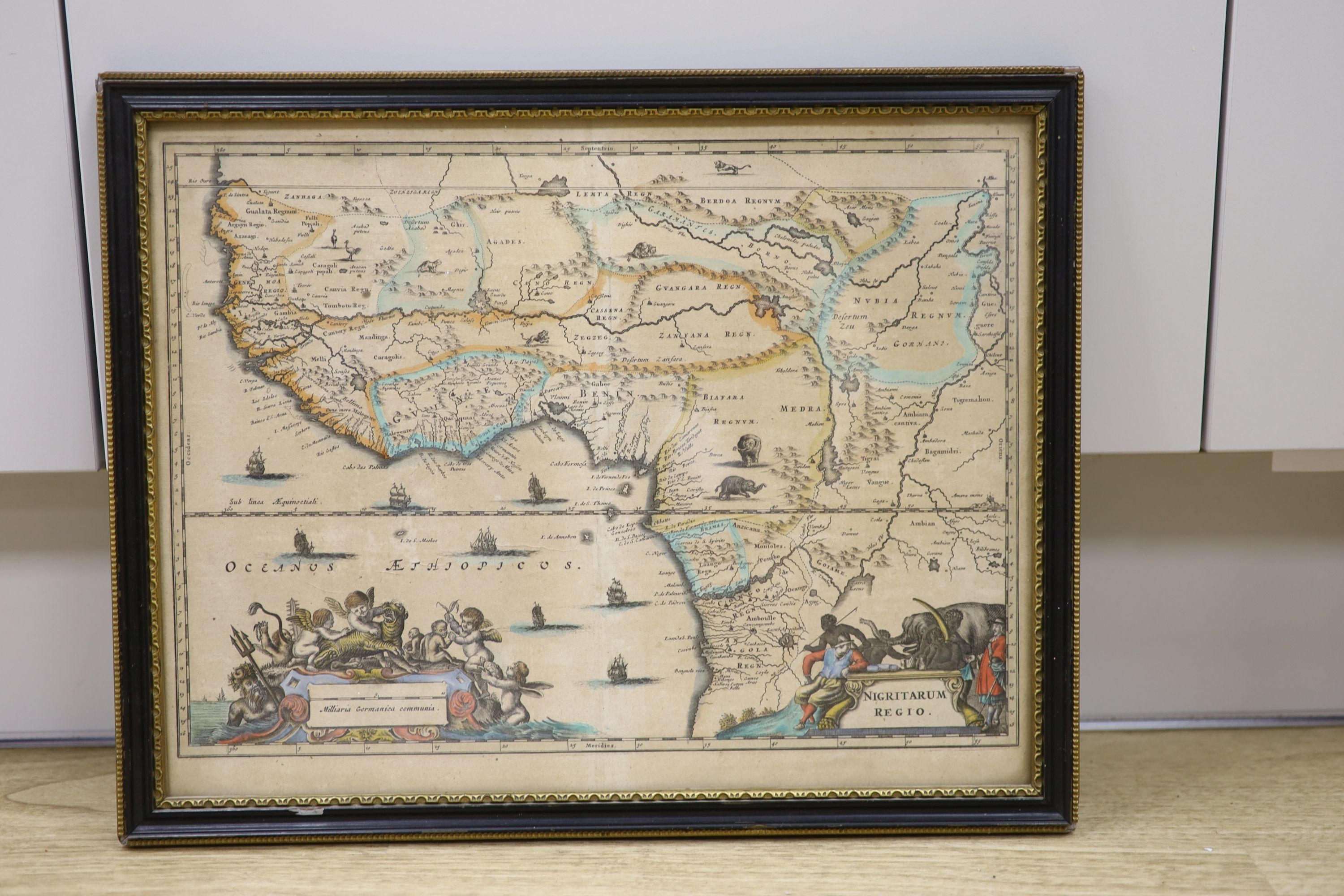 A hand coloured engraved map, 'Nigritarum Regio' from Dapper's Africa 1670, 27 x 37cm